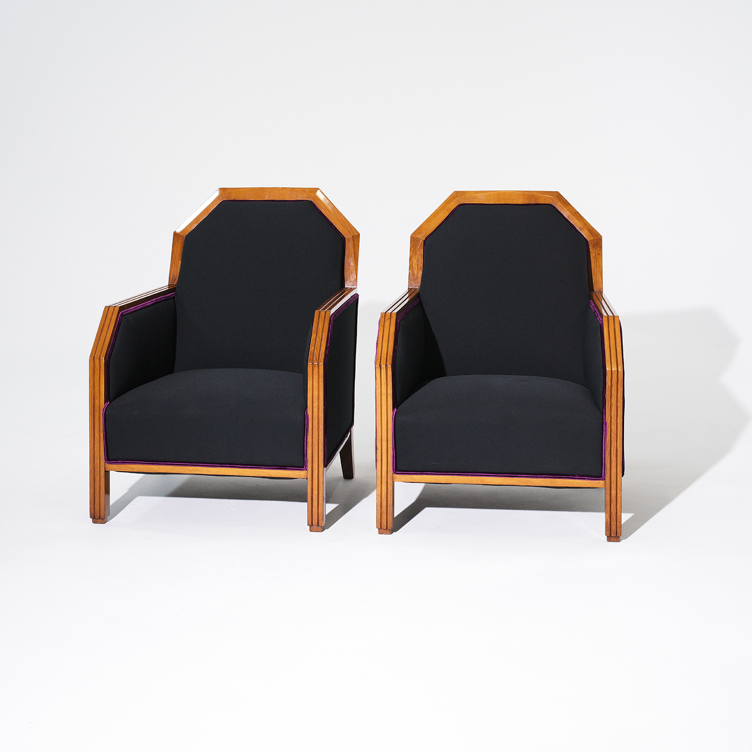 20th Century Black French Art Deco Birchwood Club, Corner Chairs