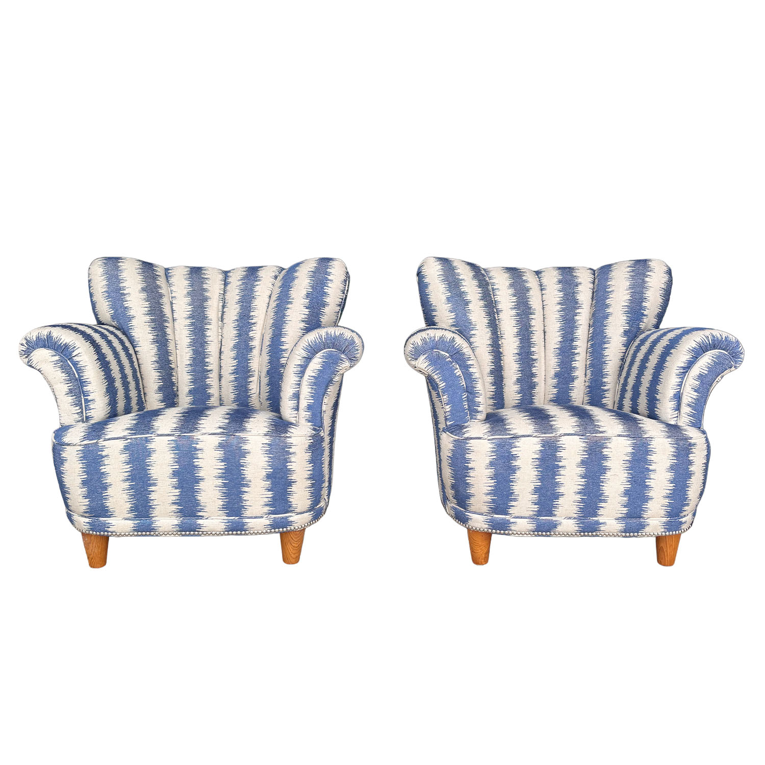 20th Century Swedish Pair of Beechwood Art Deco Lounge Chairs, in Manuel Canovas Upholstery