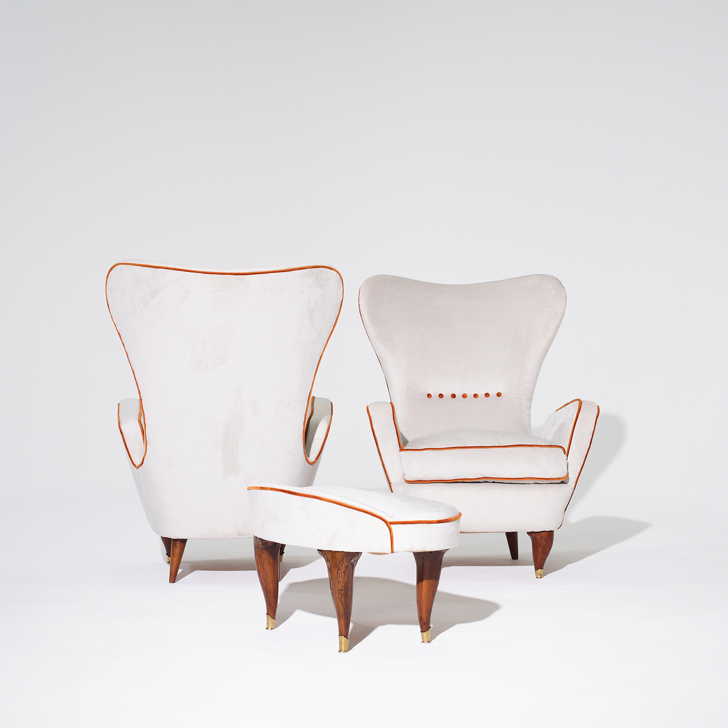 20th Century White Italian Pair of Walnut Lounge Chairs & Ottoman by Paolo Buffa