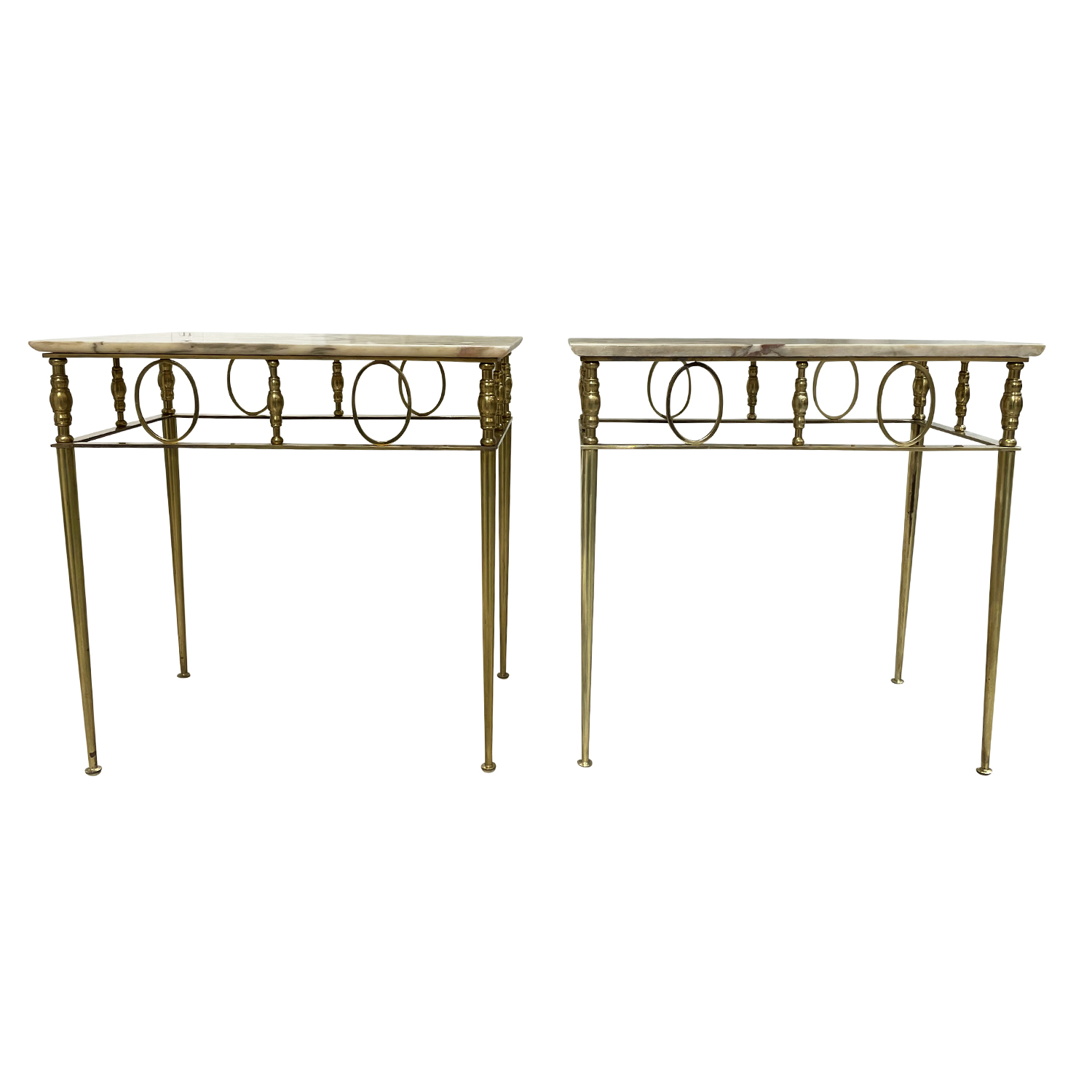 1920s French Art Deco Pair of Vintage Marble, Brass Side Tables