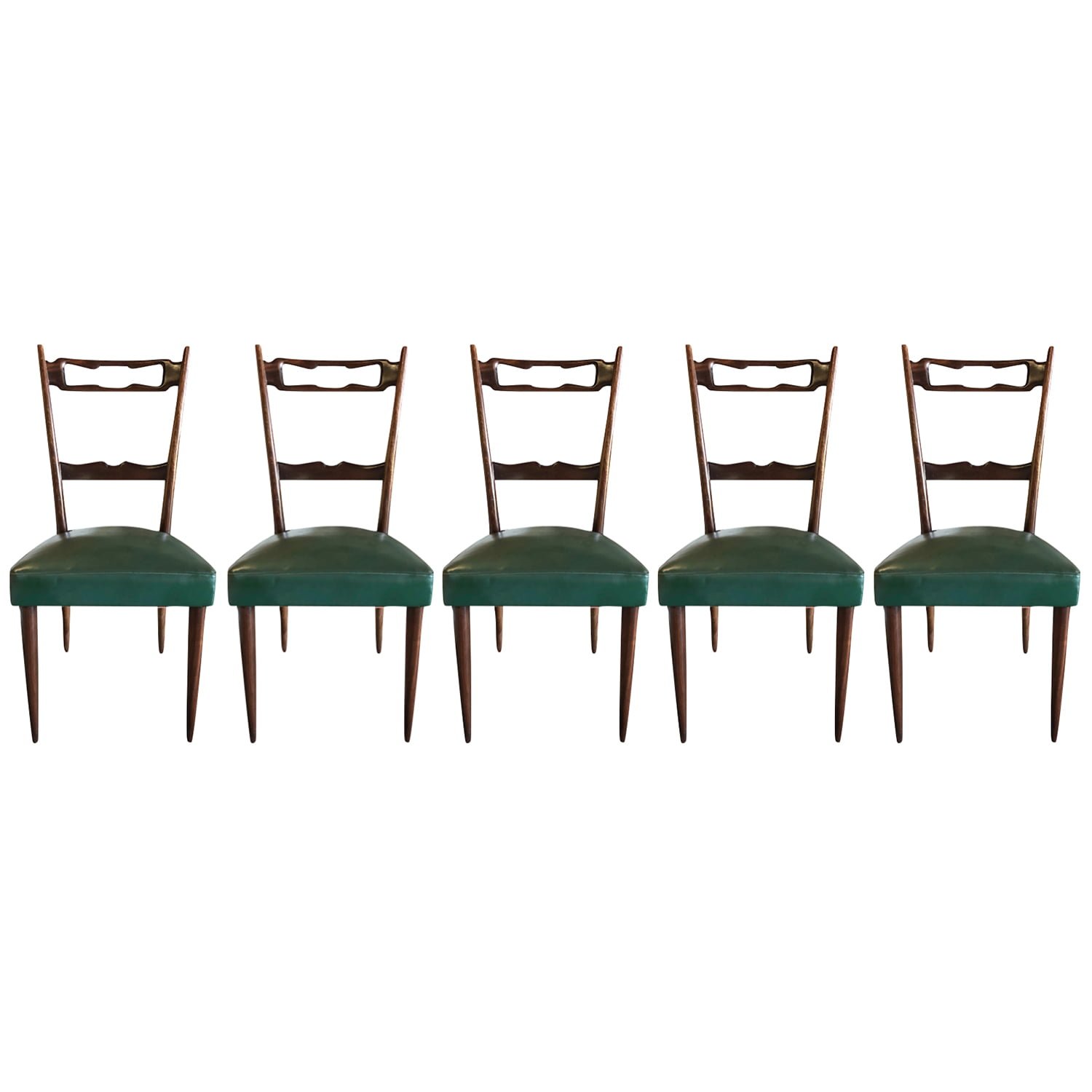 20th Century Dark-Green Italian Set of Five Walnut Dining Chairs by Paolo Buffa