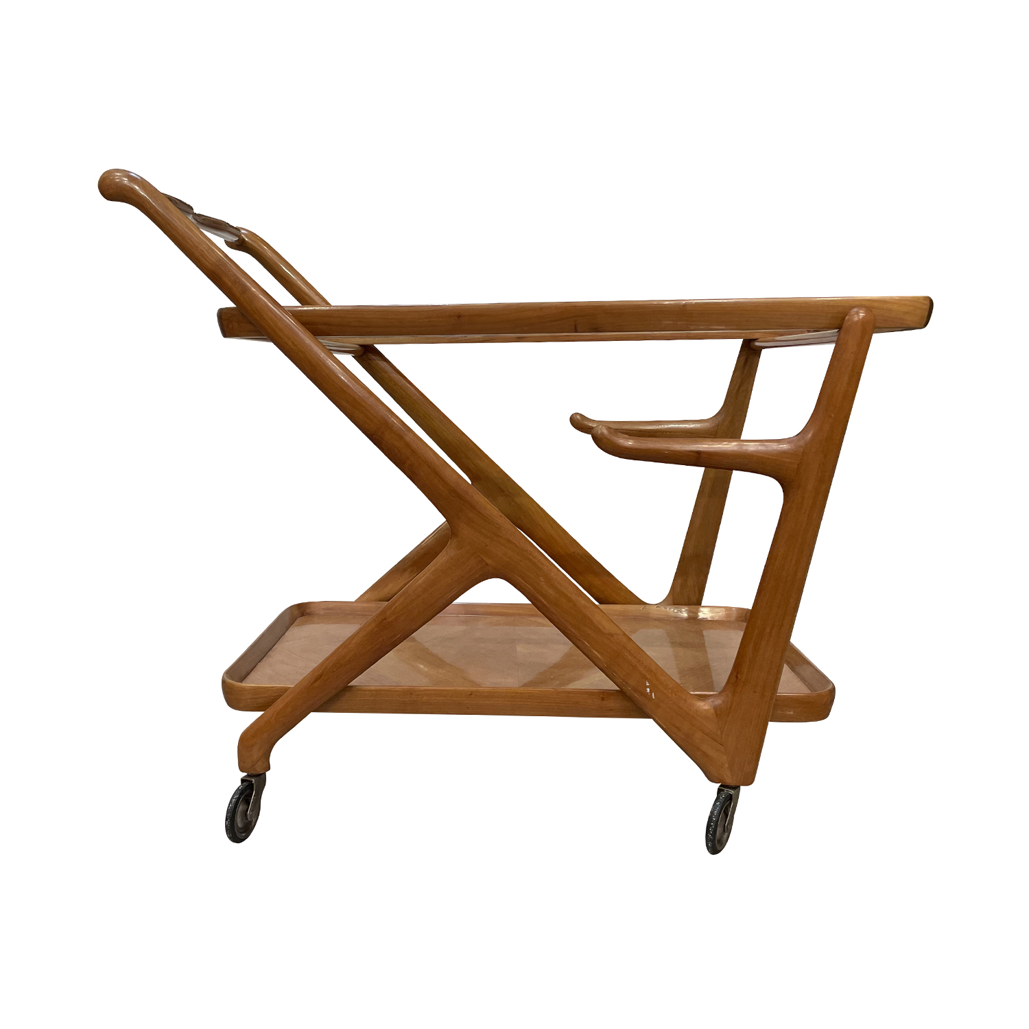 A vintage Mid-Century modern Italian wooden bar cart produced by Cassina.