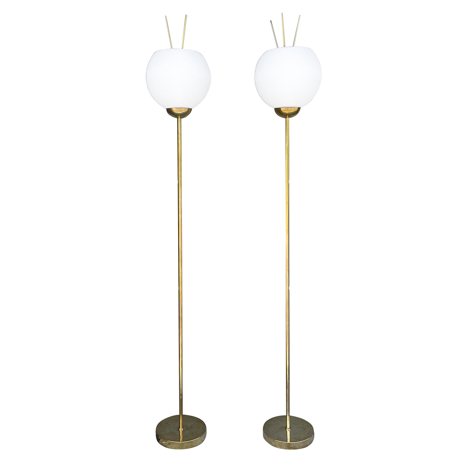 20th Century Italian Pair of Brass, Frosted Opaline Glass Floor Lamps