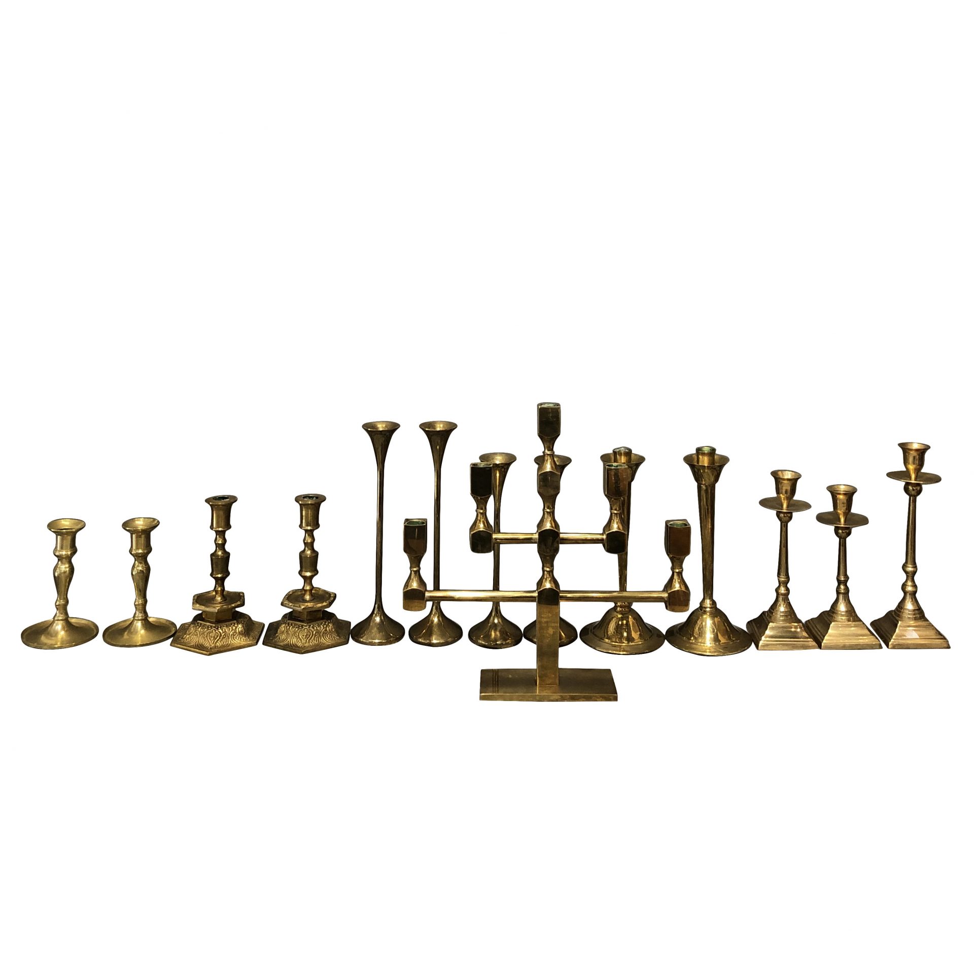 20th Century Gold Swedish, Danish Collection of Fourteen Brass Candlesticks