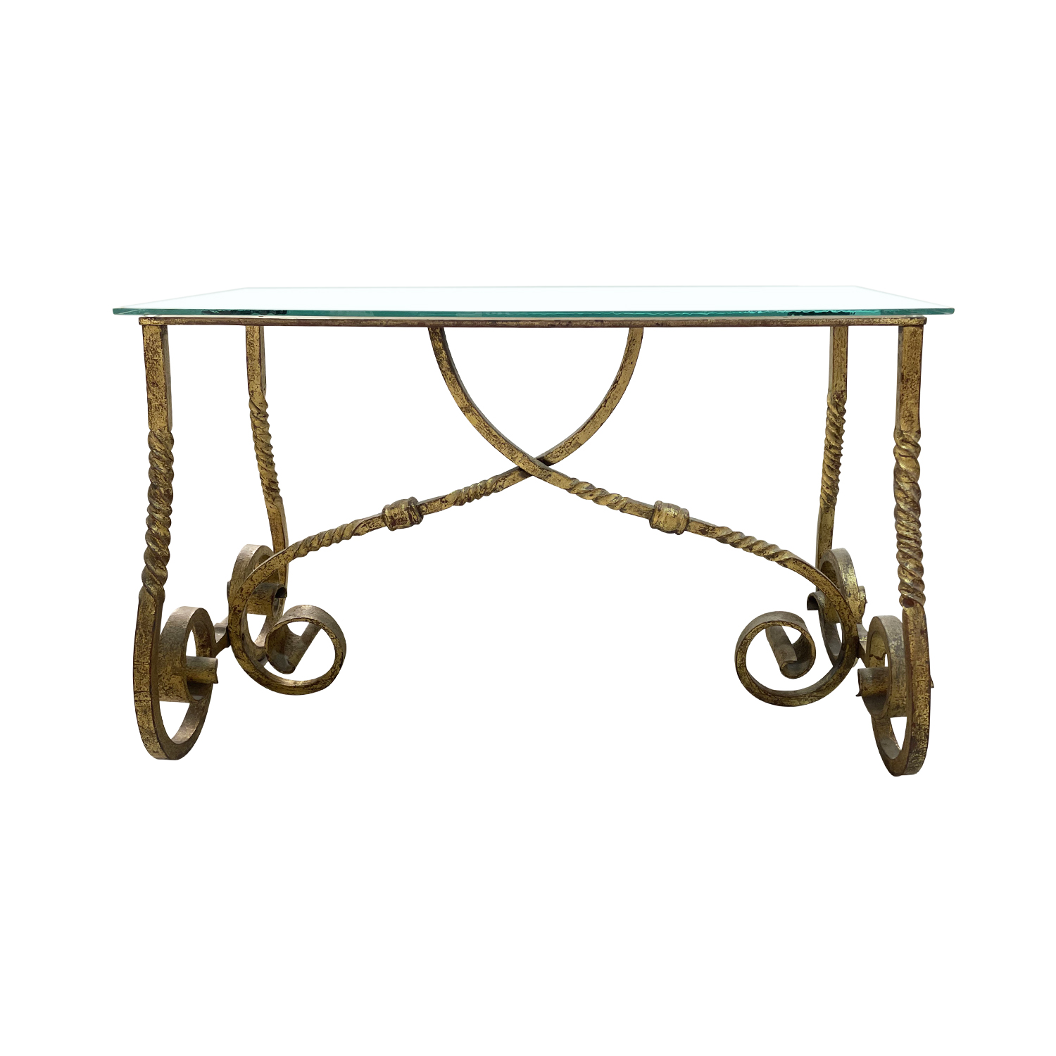 20th Century Gold French Table d’Ore – Vintage Gilded Metal, Glass Side Table