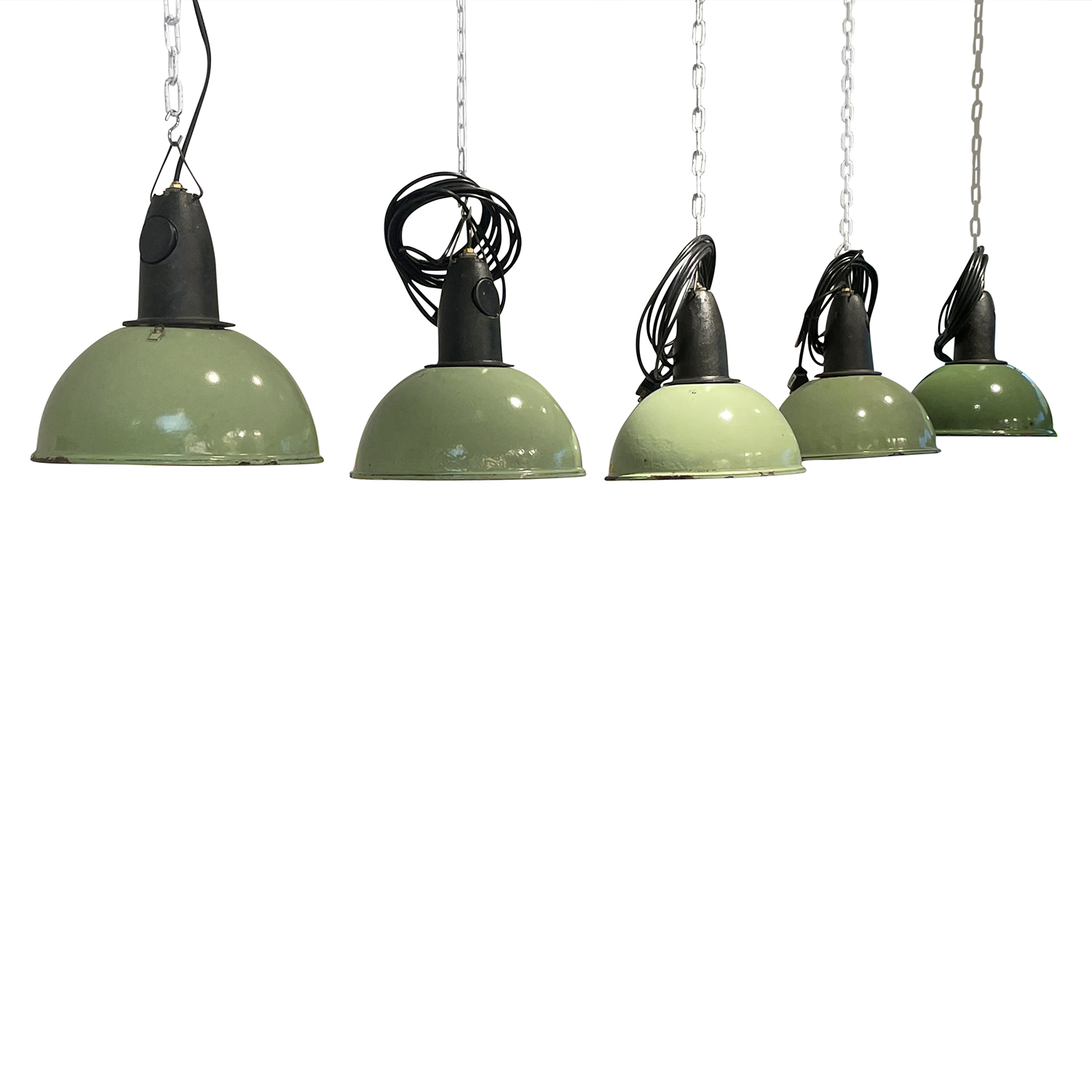 20th Century Set of Five Vintage French Industrial Green Metal Ceiling Lights