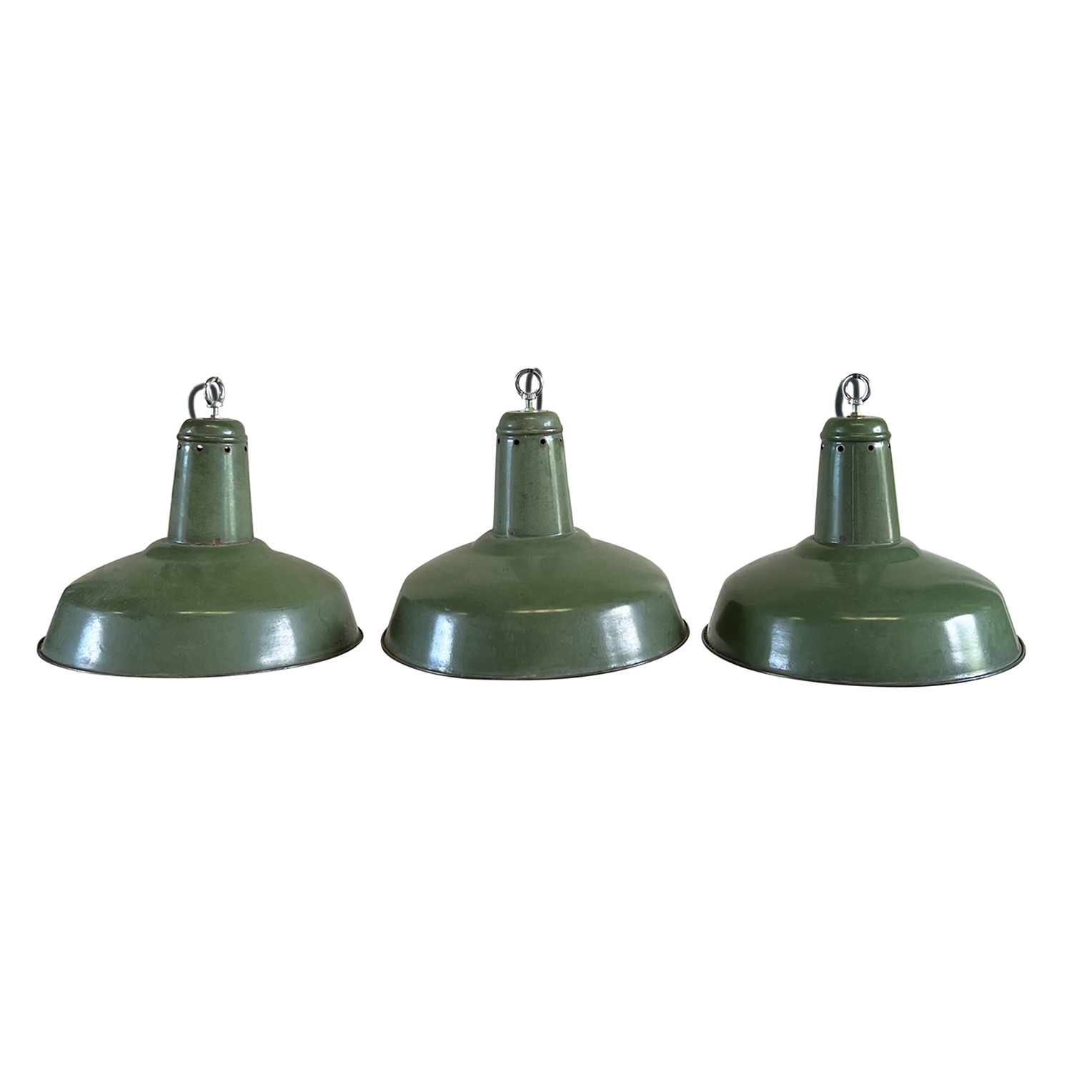 20th Century Green French Set of Three Vintage Metal Industrial Pendants