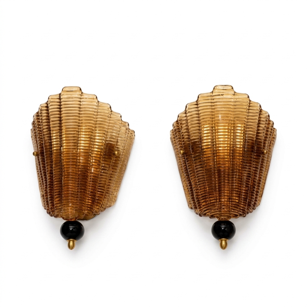 Pair of Mid-Century Murano Amber Glass Wall Sconces in the Style of Venini, Italy, 1950s–1960s