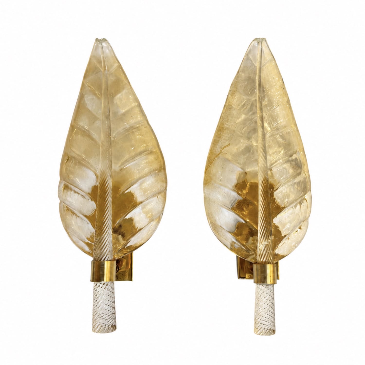 Pair of Murano Hand-Blown Gold-Inclusion Glass Leaf Wall Sconces Attributed to Barovier & Toso, Italy, 1955