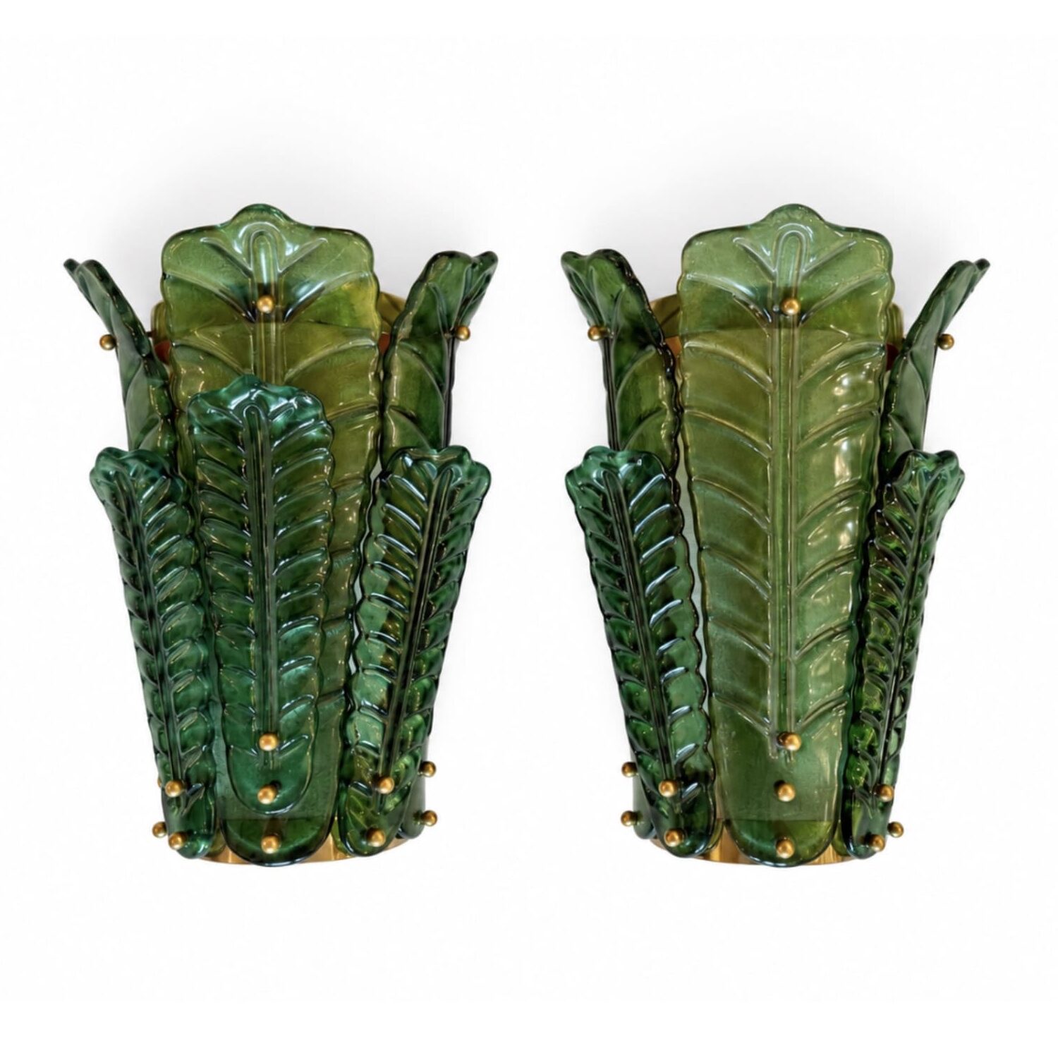 Pair of Mid-Century Murano Green Glass Leaf Sconces in the Style of Barovier, Italy, 1960s