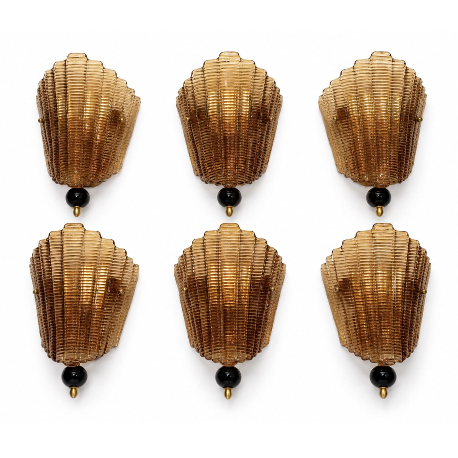 Set of Six Mid-Century Murano Amber Glass Wall Sconces in the Style of Venini, Italy, 1950s–1960s