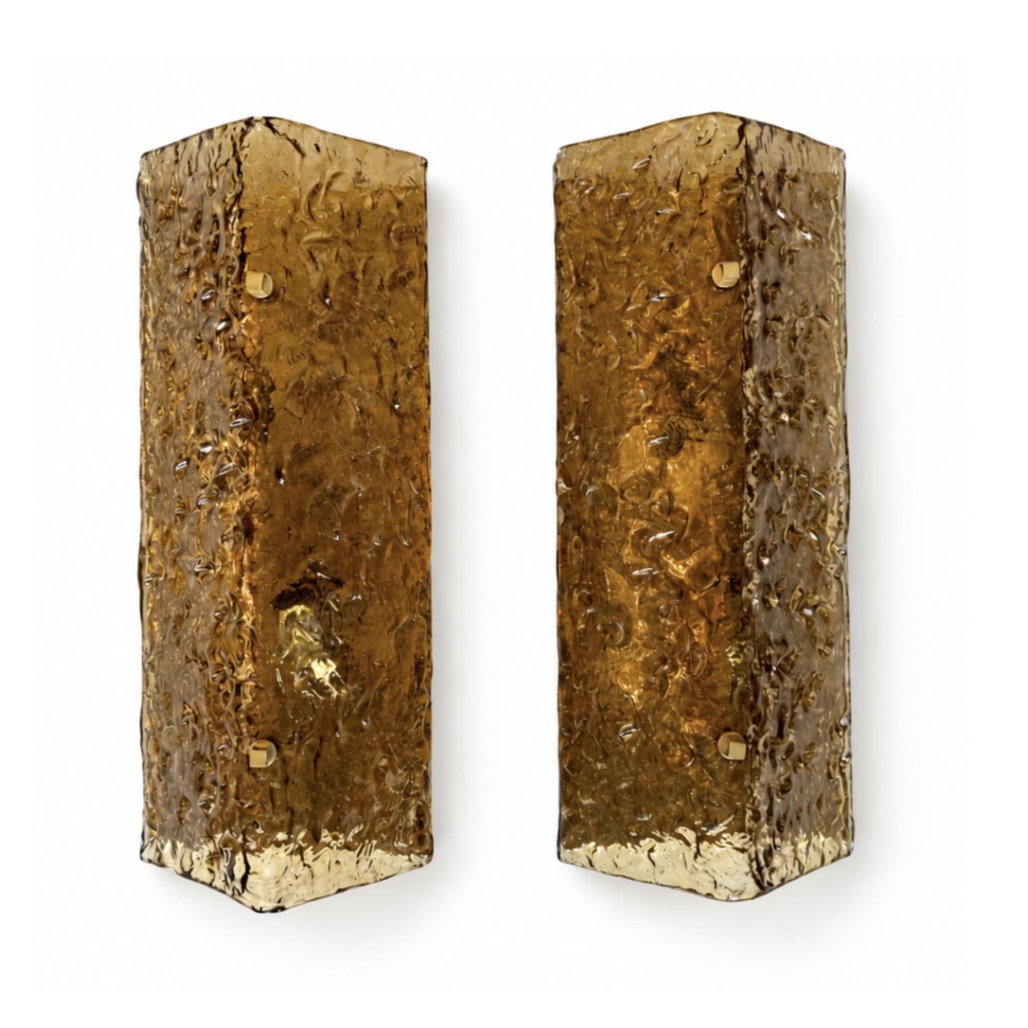Pair of Mid-Century Murano Amber Textured Glass Rectangular Wall Sconces, Italy, 1960s