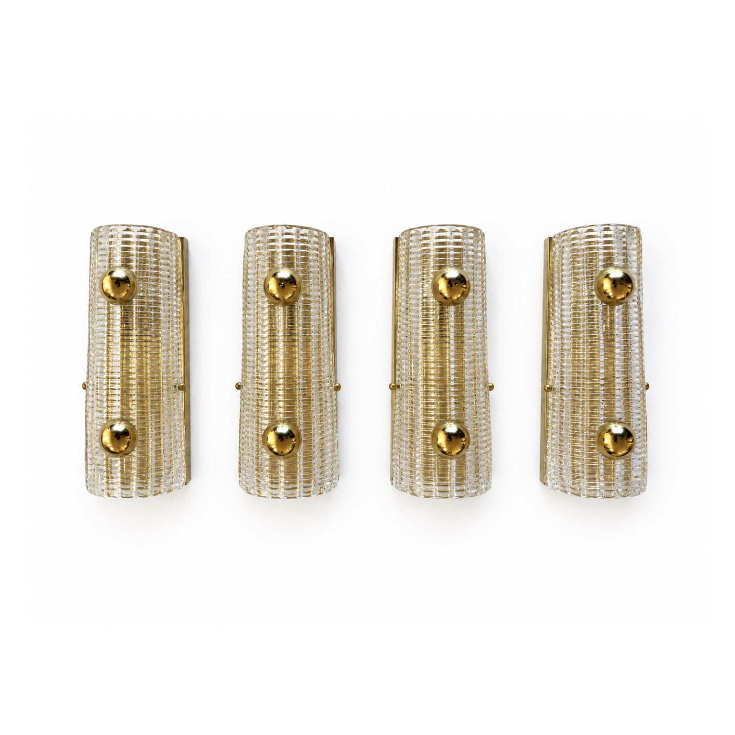 Set of Four Mid-Century Murano Ribbed Glass Wall Sconces with Brass Sphere Mounts, Italy, 1960s