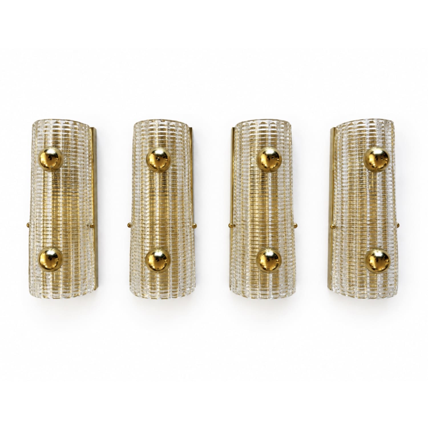 Set of Four Mid-Century Murano Ribbed Glass Wall Sconces with Brass Sphere Mounts, Italy, 1960s