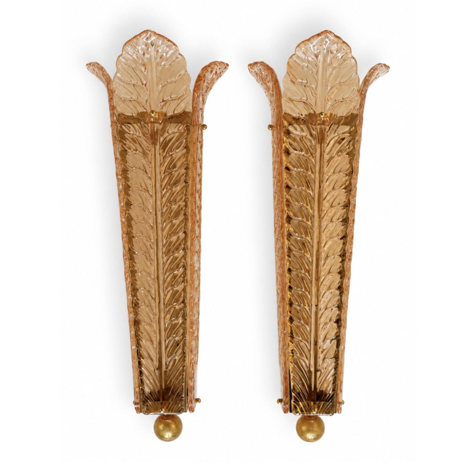 Pair of Large Mid-Century Murano Glass Leaf Wall Sconces on Brass Base, Italy, 1960s