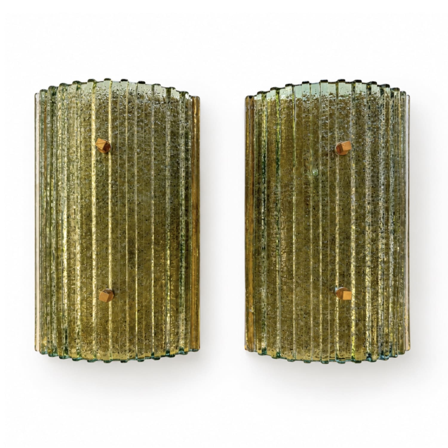 Pair of Italian Murano Ribbed Glass Demi-Lune Sconces with Brass Mounts