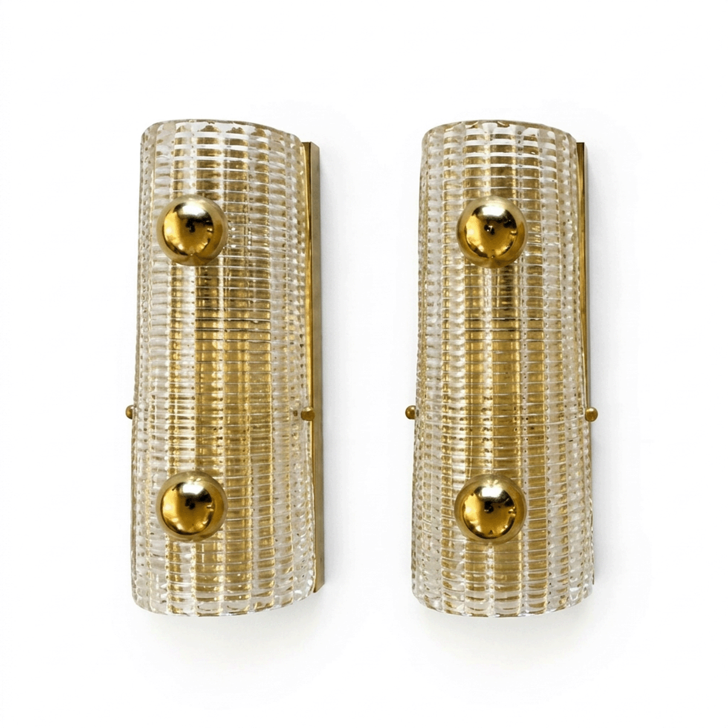 Pair of Mid-Century Murano Ribbed Glass Wall Sconces with Brass Sphere Mounts, Italy, 1960s