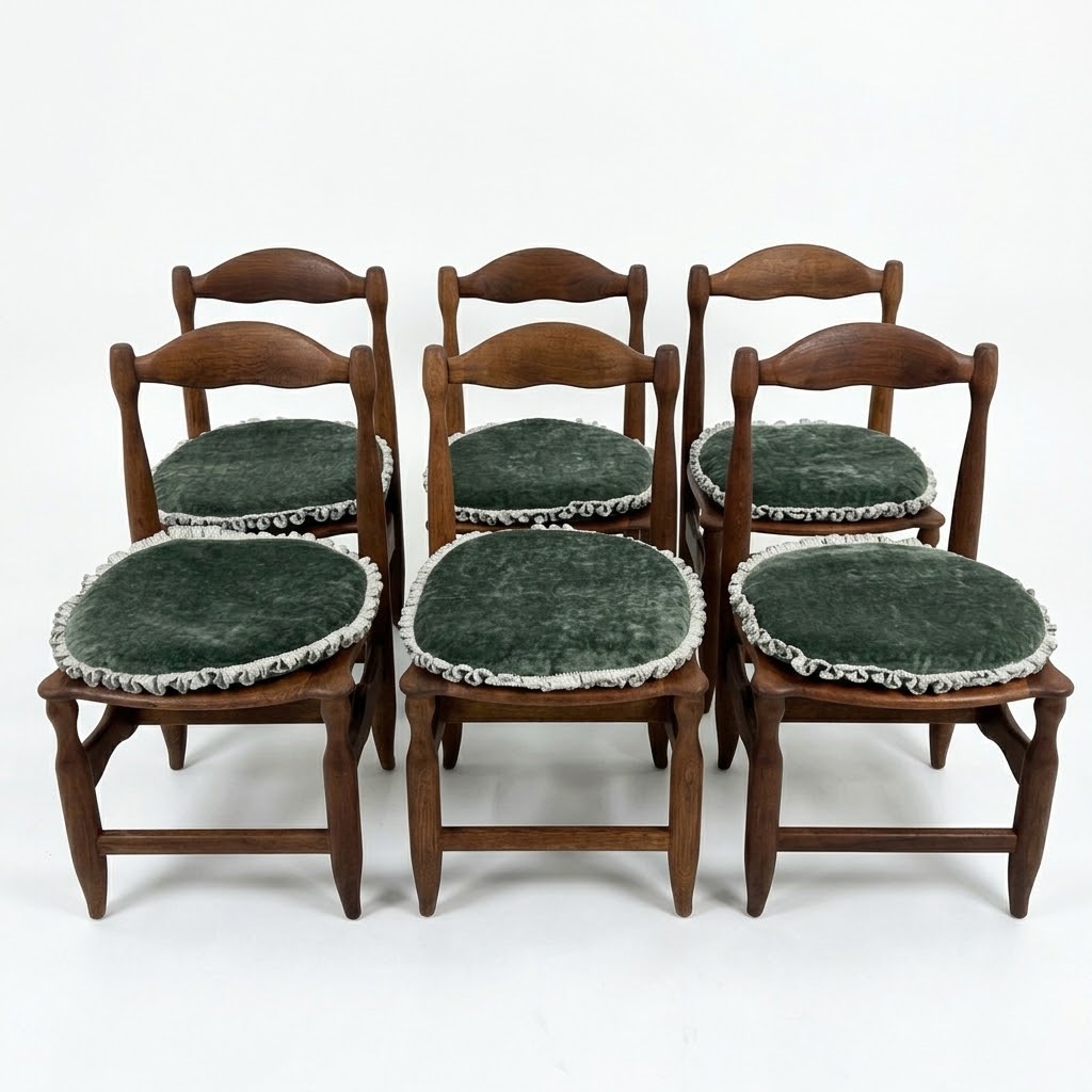 Set of Six Guillerme et Chambron Dining Chairs in Solid Oak, France 1950s