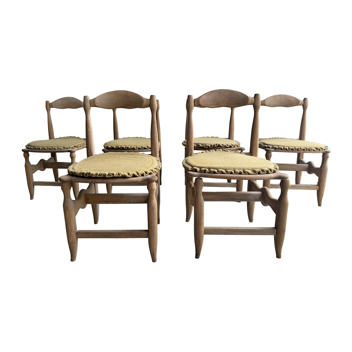 Set of Six Guillerme et Chambron Dining Chairs in Solid Oak, France 1950s