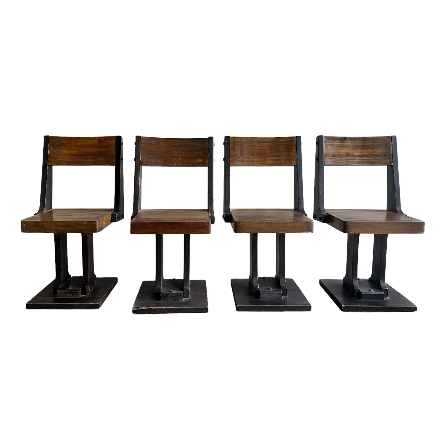 Set of Four Ettore Sottsass for Olivetti Synthesis Cast Iron and Wood Chairs, Italy