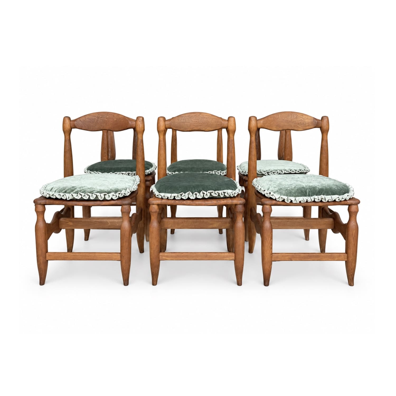 Set of Six Guillerme et Chambron Dining Chairs in Solid Oak, France 1950s