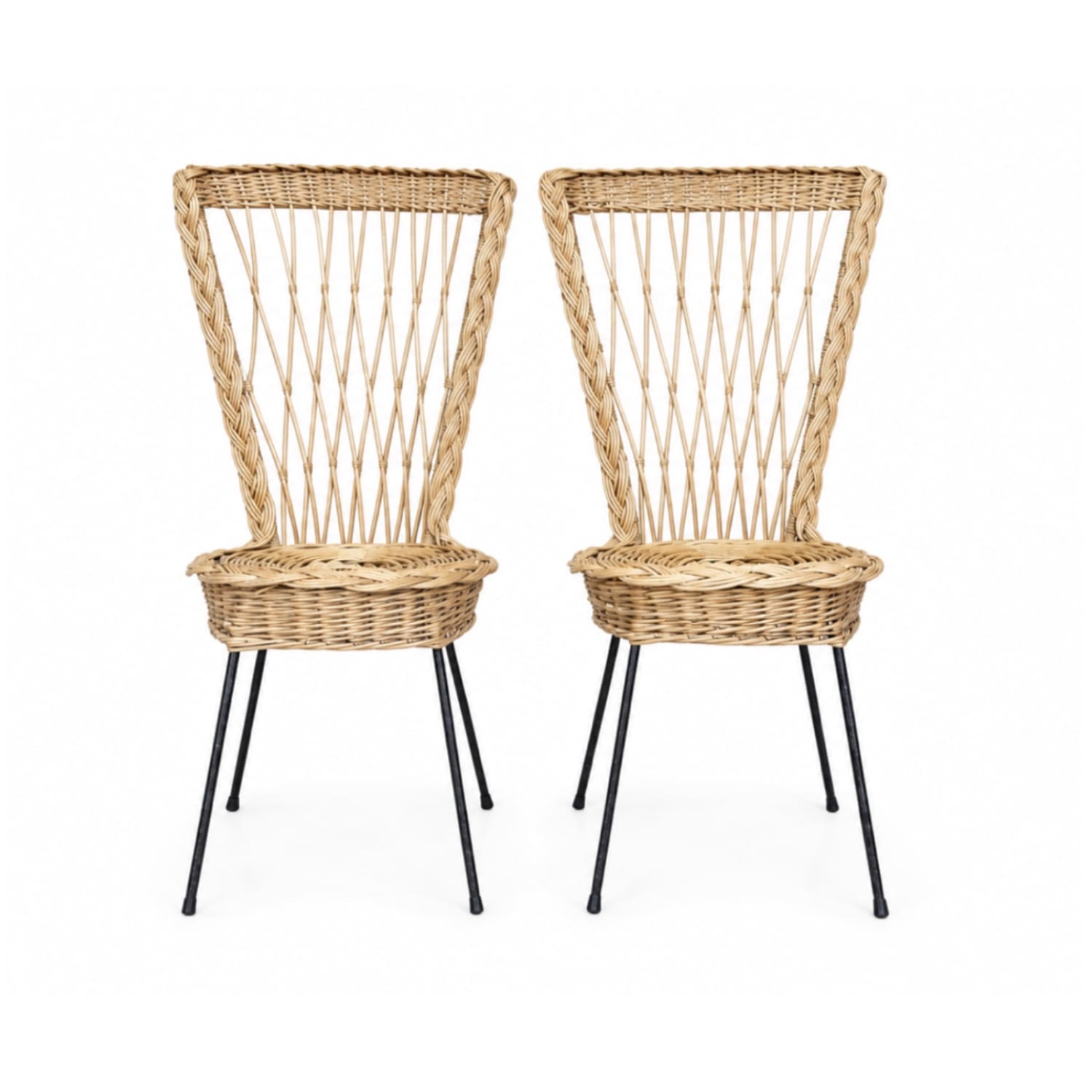 Pair of French Mid-Century Wicker Chairs with Sculptural Iron Legs