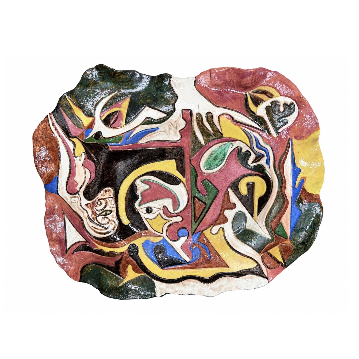 Sculptural Multicolored Glazed Ceramic Abstract Relief or Wall Plaque